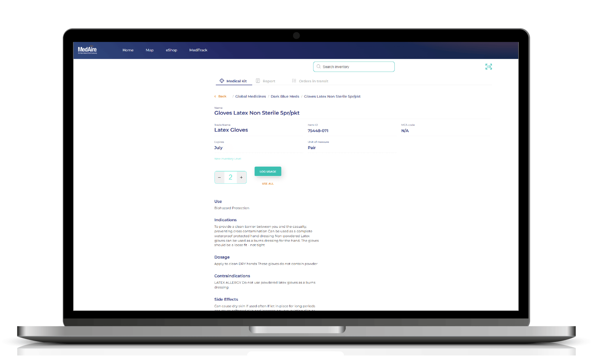 MediTrack log usage screen